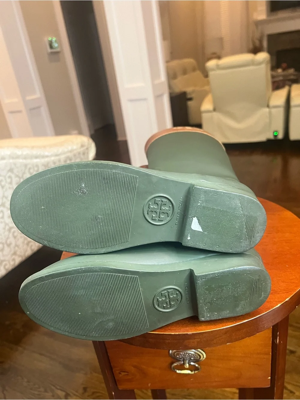 Tory Burch Green and Tan Tall Rain Boots